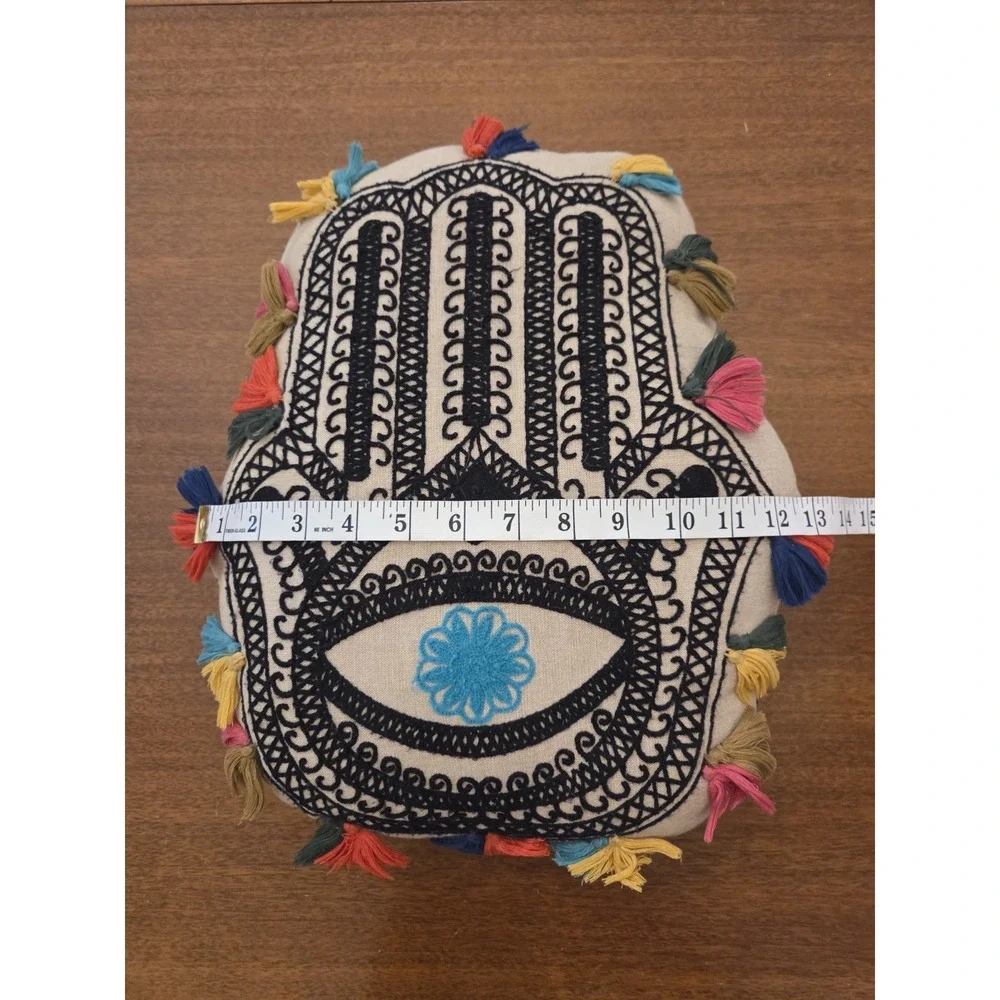 Hamsa‎ Open Palm Decorative Throw Pillow Boho Spiritual Embroidered Tassels
